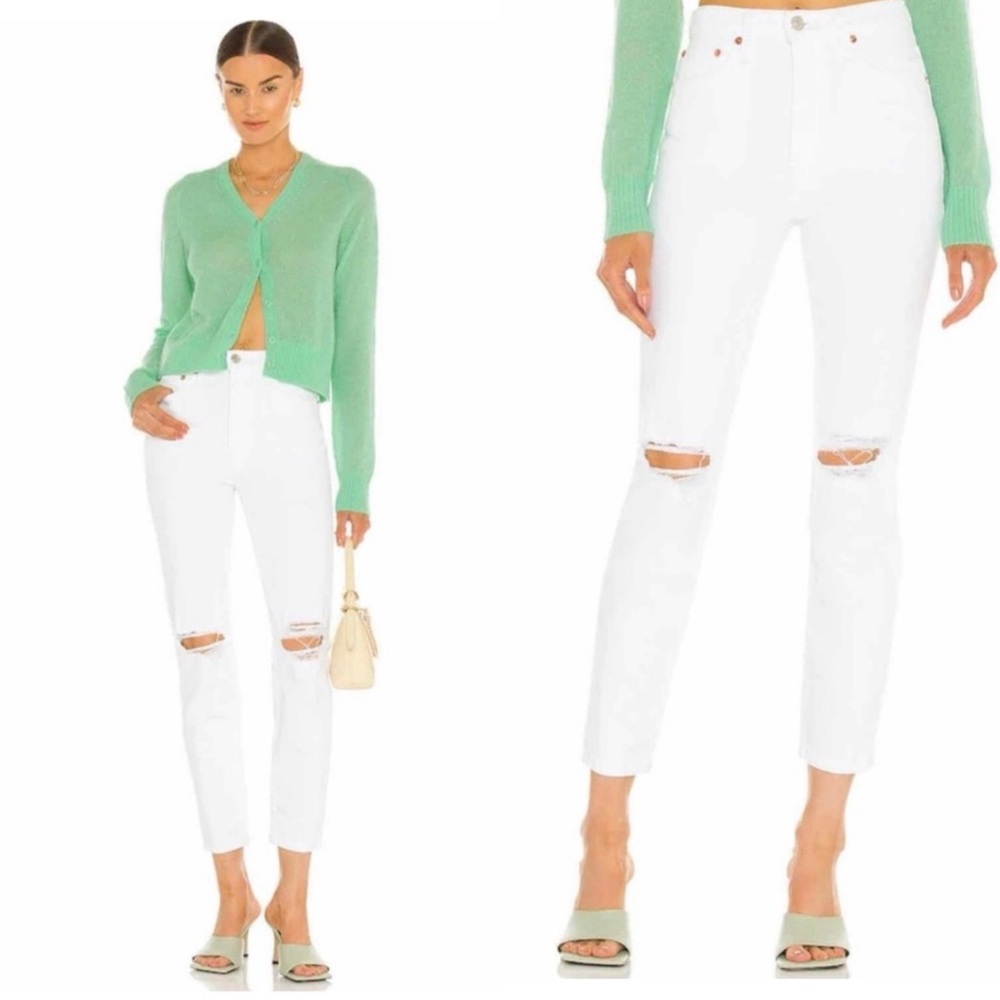 Re/Done 90s High Rise Ankle Crop Jeans in White Destroy